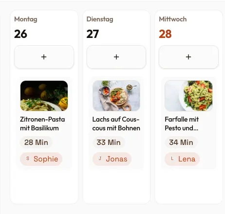 Wochenplan in PandaChef mit zugewiesenen Kochtagen für Sophie, Jonas und Lena
