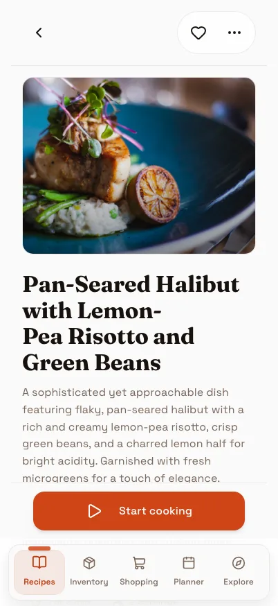 The Recreate dish feature in PandaChef with an uploaded photo of seared fish on risotto