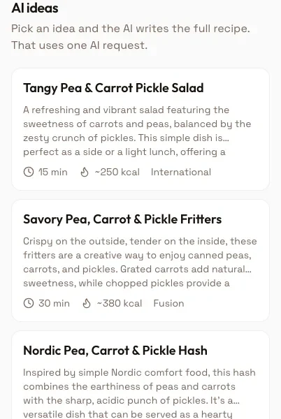 Three recipe suggestions in PandaChef matching peas, carrots and pickles from the pantry