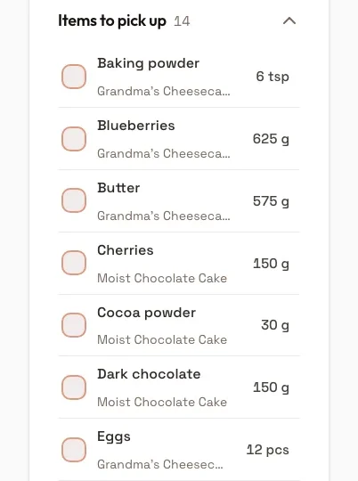 Shopping list in PandaChef: baking powder and blueberries from three recipes combined into one line each